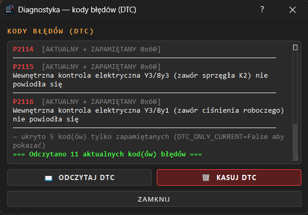 Okno diagnostyki z kodami błędów sterownika VGS